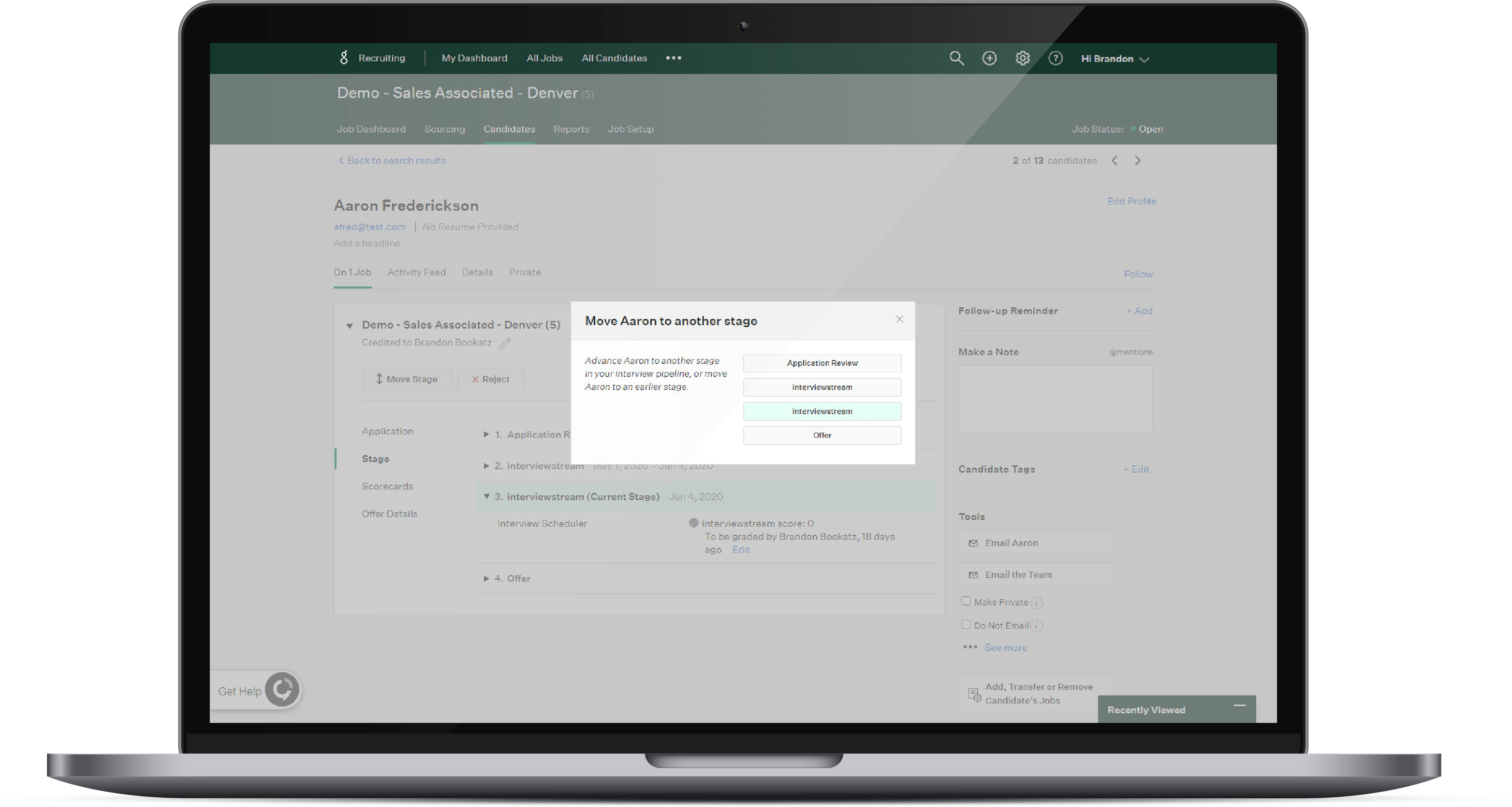 Greenhouse interface showing user moving a candidate to different interview stage