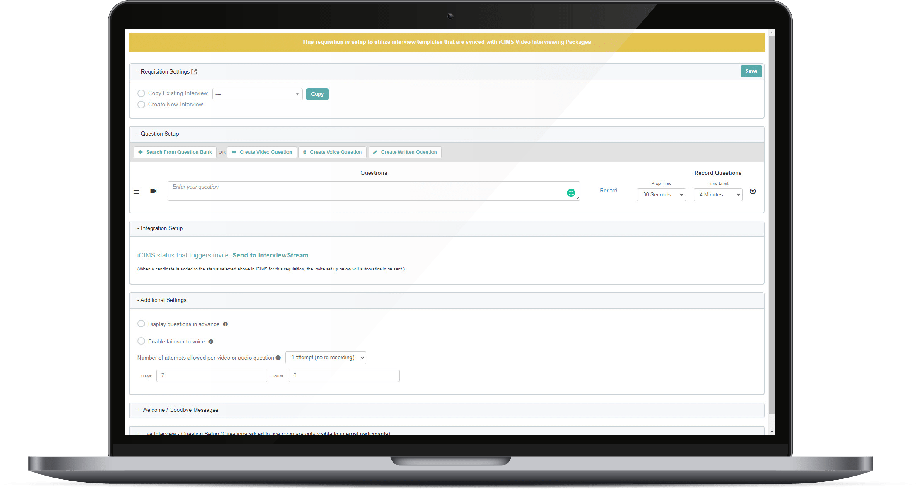 iCIMS interface showing requisition settings