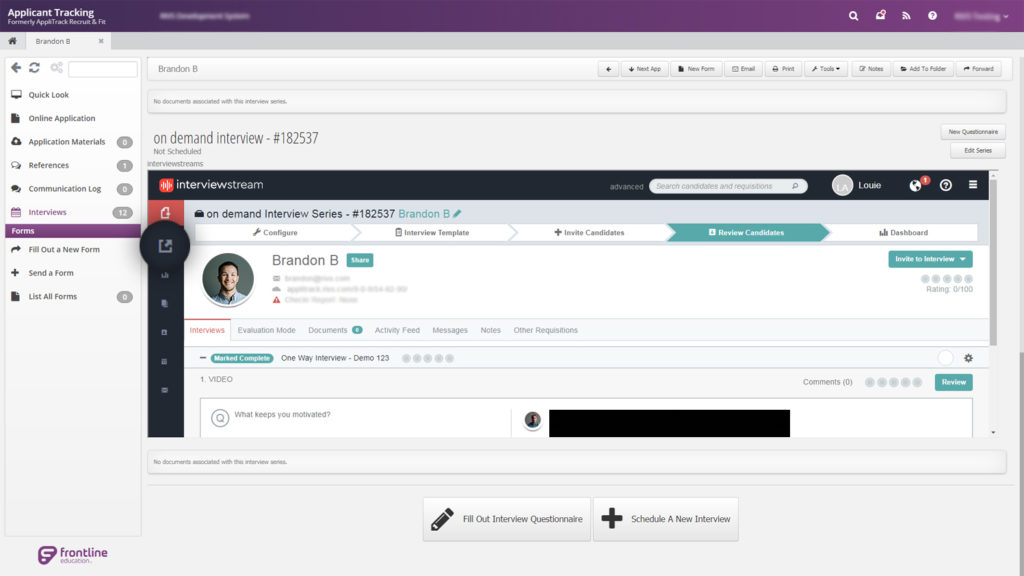 Image of Frontline applicant tracking system and interviewstream integration