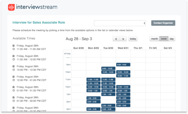 Calendar from the automated interview scheduling software showing the hiring team's availability