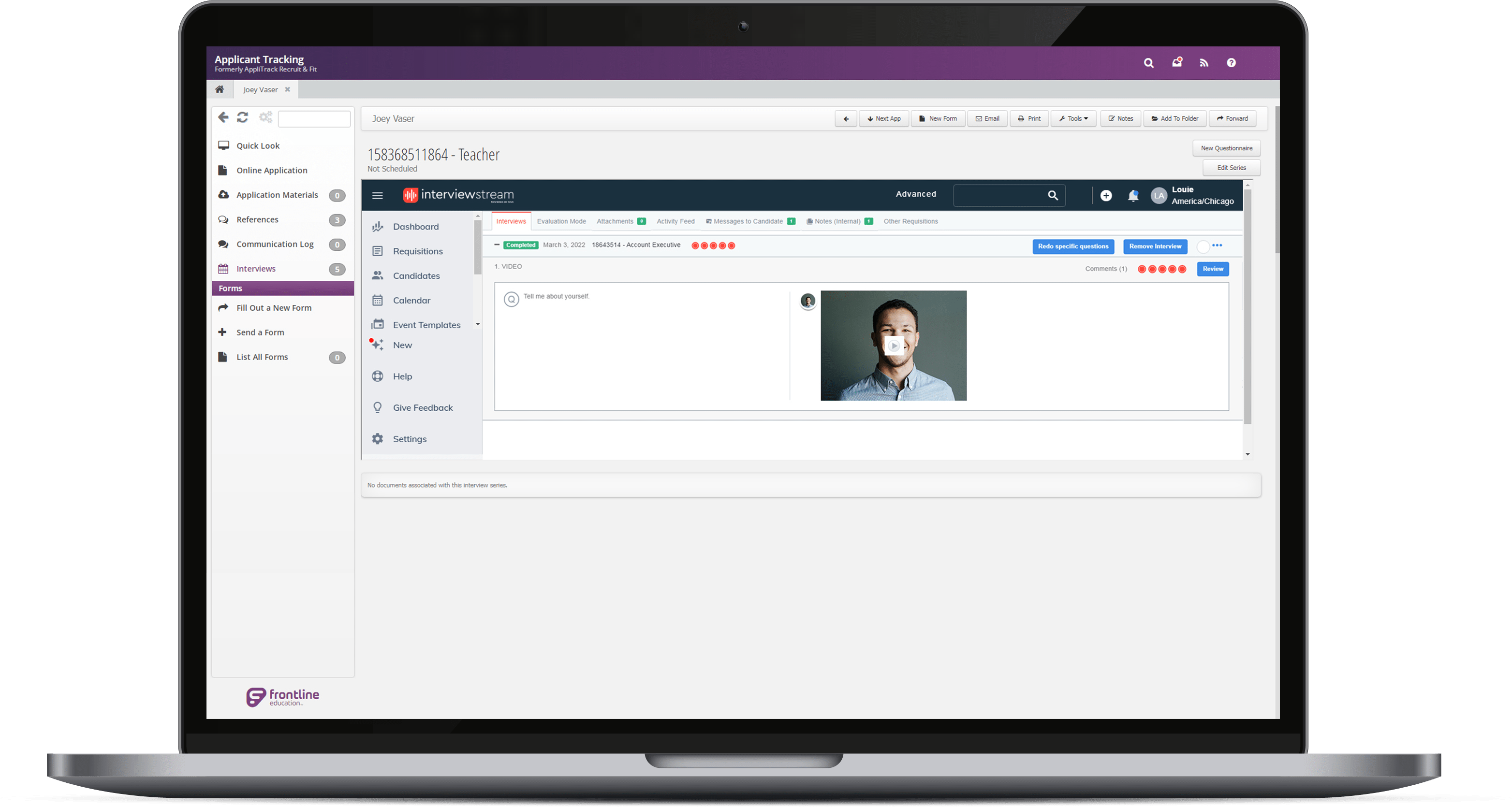 Frontline Education interface showing interviewstream's video interviews