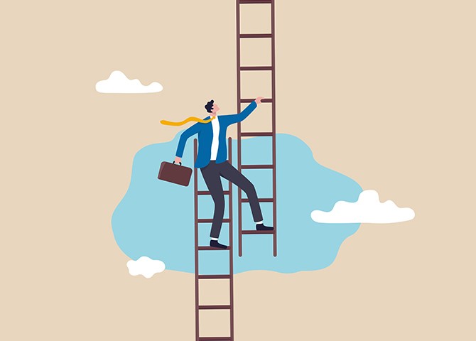 Man climbing a ladder for professional development.