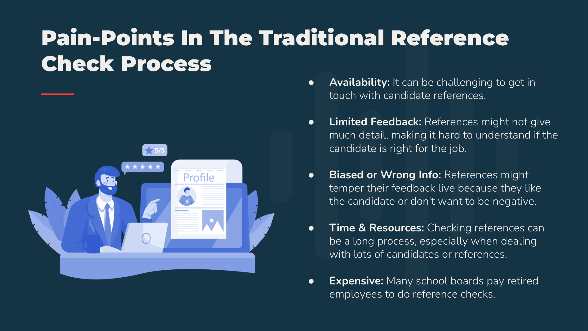 Infographic on reference check pain points: availability, feedback, bias, time, cost.