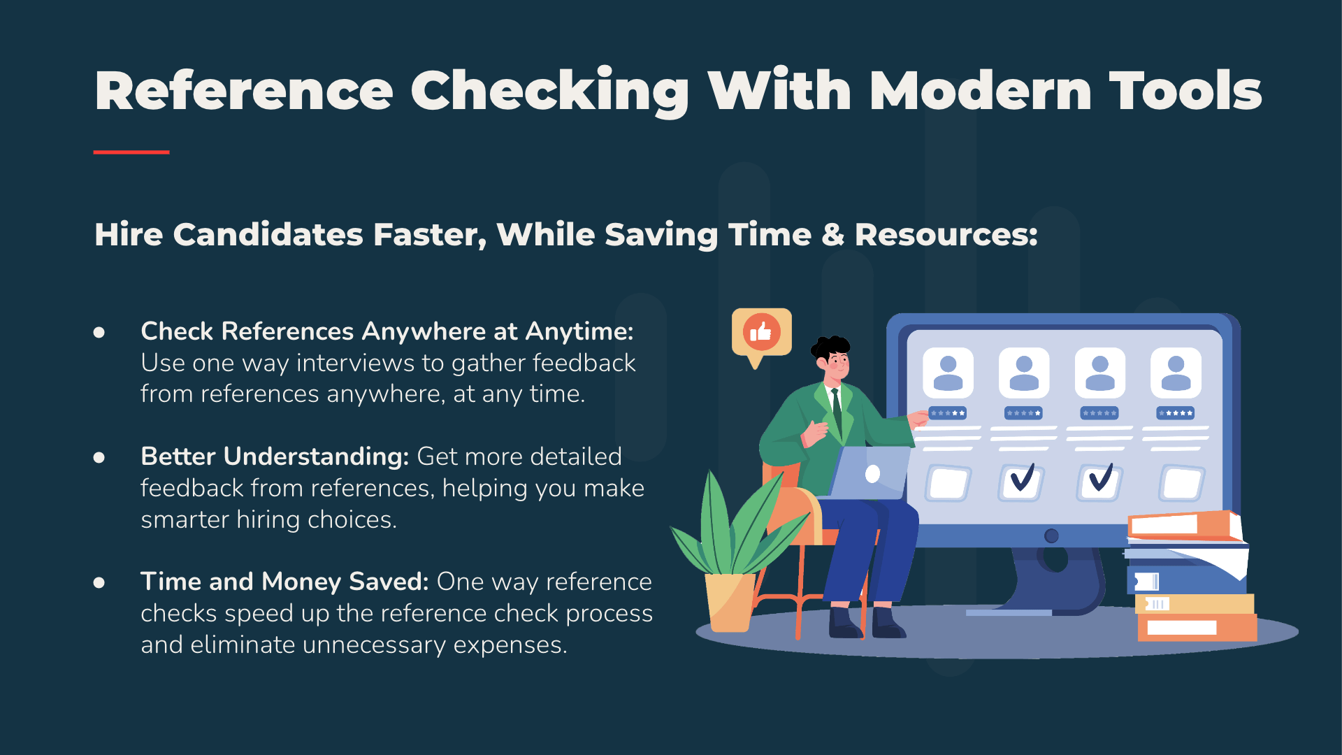 Infographic on digital reference check benefits: flexibility, understanding, time & money savings.