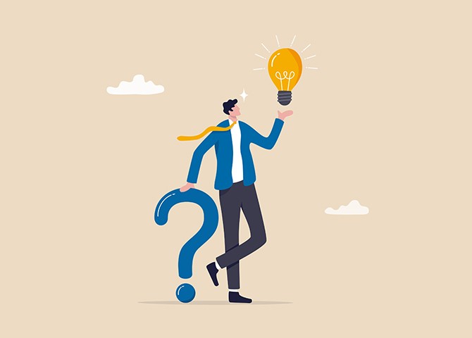 A high performing employee leaning on a question mark, holding a lightbulb in their hand.