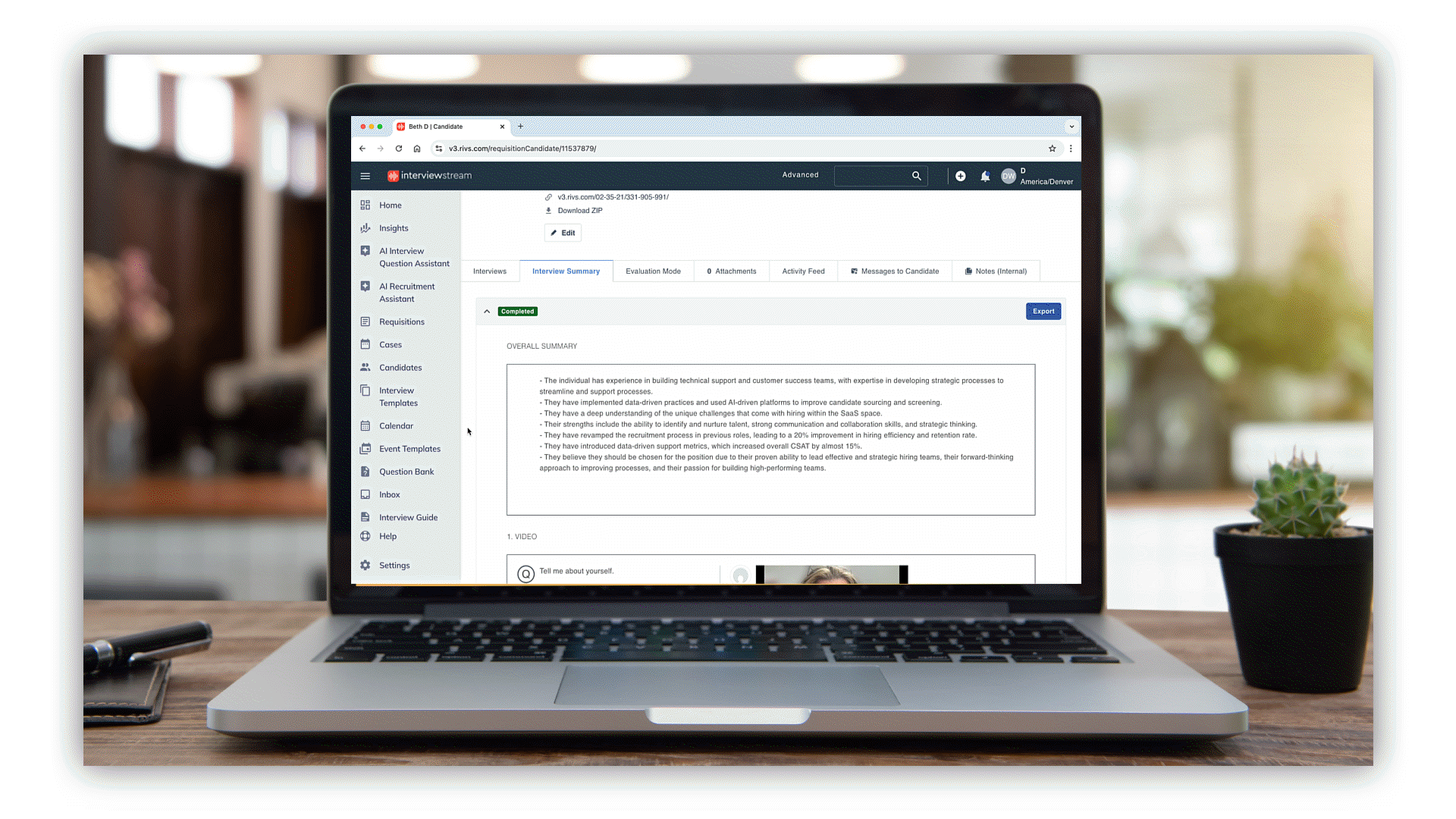 interviewstream AI Interview Summary tool being used to evaluate a candidate on a laptop