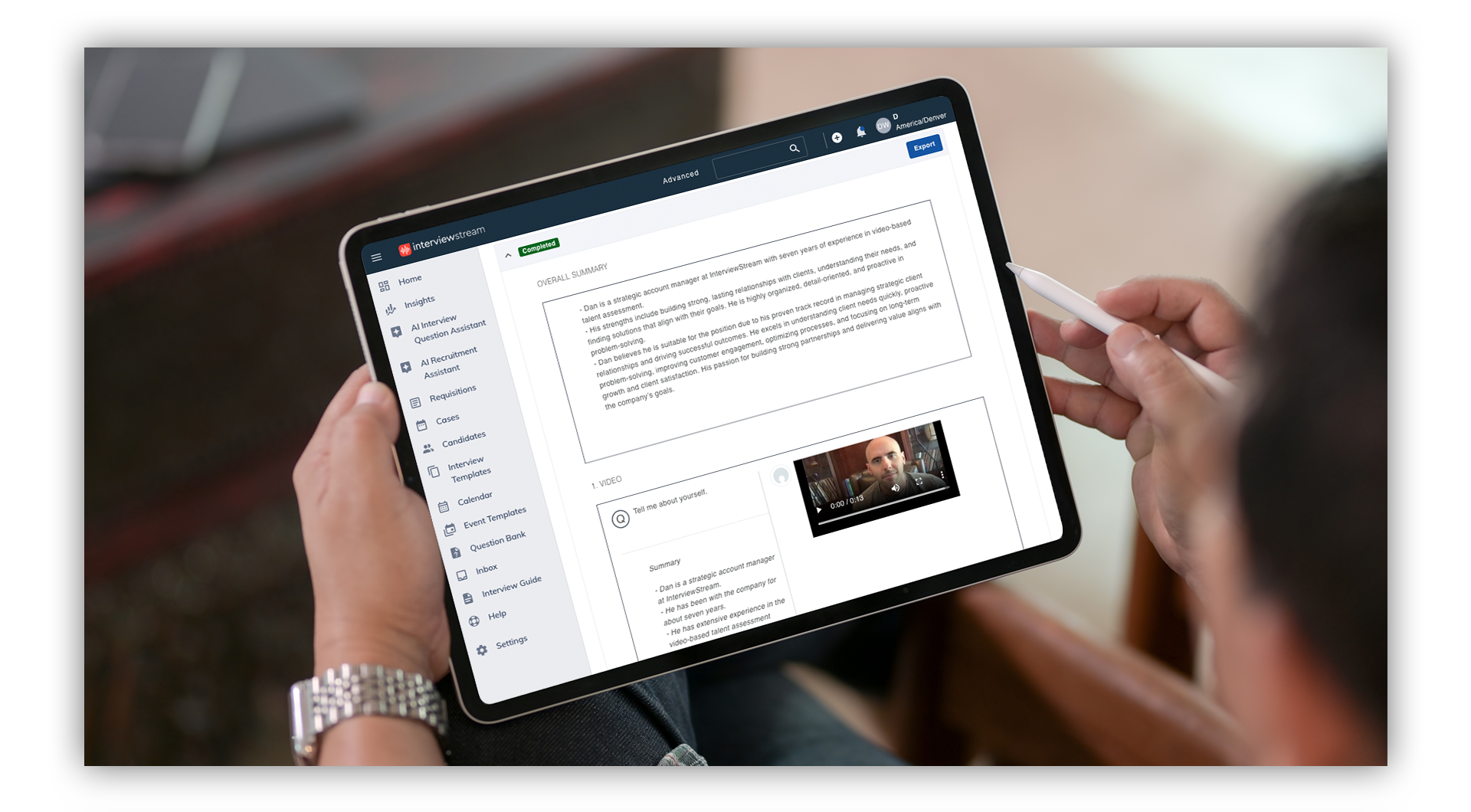 interviewstream AI Interview Summary being used to efficiently evaluate one way video interview on iPad.