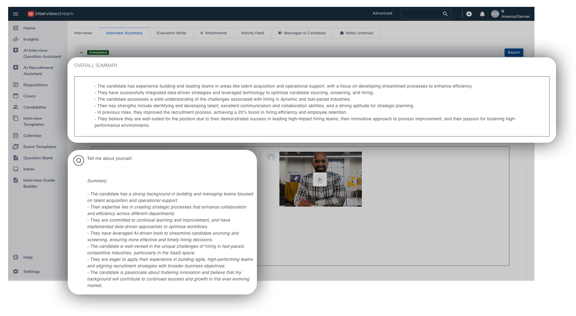 interviewstream's AI Interview Summary tool highlighting the key points from a candidate's on demand video interview.