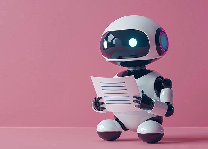 A white robot sitting on a pink background, presenting a resume.