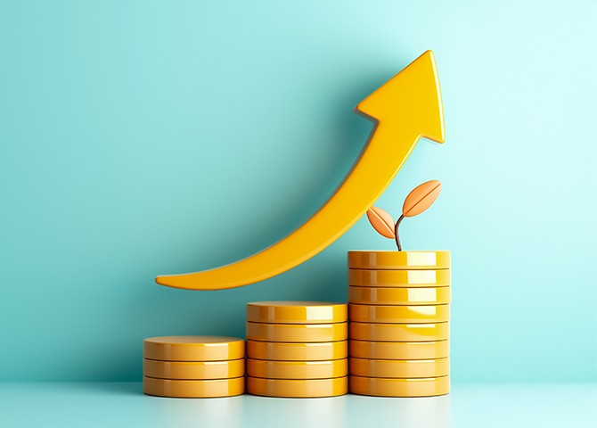 Stacked coins with an upward arrow and growing plant, illustrating financial growth from using video interviewing and AI tools for SMB hiring.