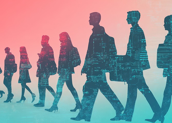 Silhouetted business professionals walking with digital circuitry overlays, symbolizing AI integration in the workforce.