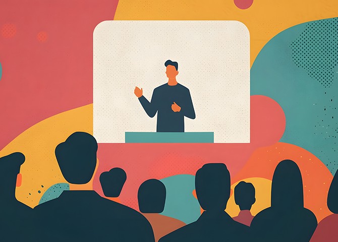 Illustration of a hiring manager presenting on the benefits of video interview technology, representing the efficiency and effectiveness of virtual hiring processes.