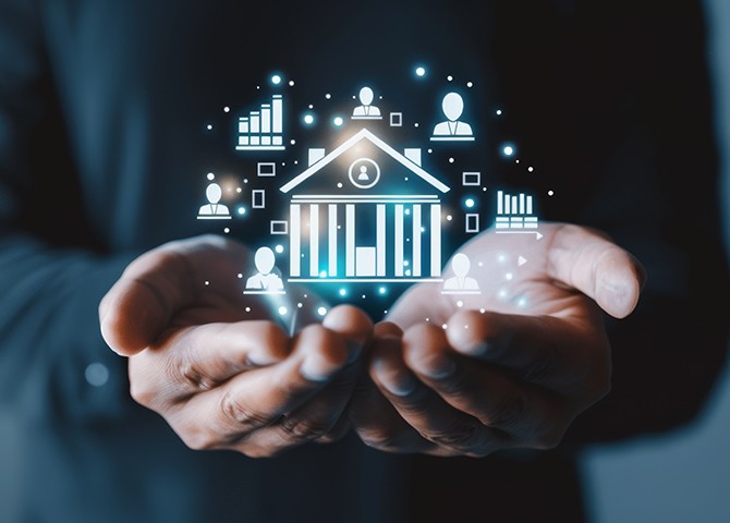 Hands holding a glowing digital icon of a government building, surrounded by symbols representing recruitment, data, and workforce management—illustrating modern hiring solutions for local government.