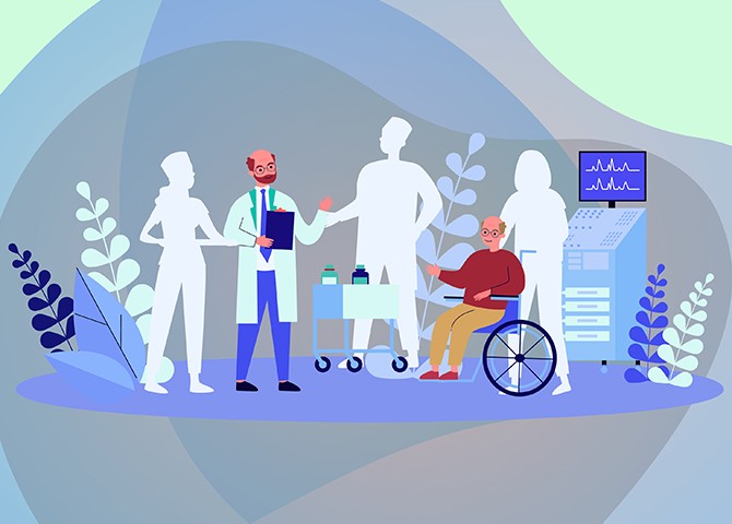 Illustration of present and missing healthcare professionals and a nurse interacting with a patient in a wheelchair, symbolizing modern hiring tools transforming nurse recruitment.