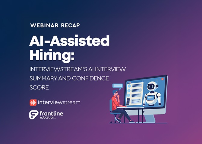 Illustration of a person reviewing interview feedback from an AI robot on a computer, representing AI-assisted hiring in K-12 education.