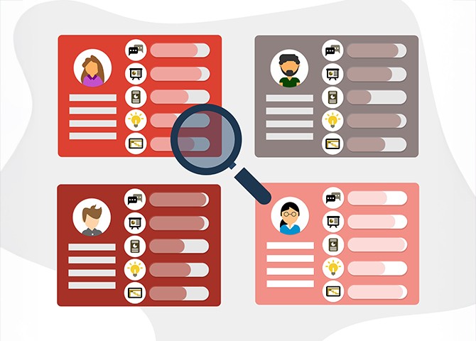 Illustration of candidate profiles under a magnifying glass, symbolizing identifying and engaging passive job candidates in recruitment.