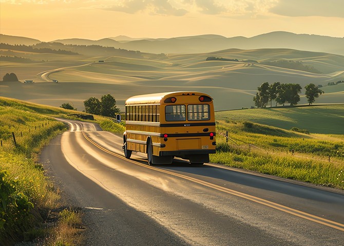Yellow school bus driving through a rural landscape, symbolizing rural school districts and their teacher hiring challenges.
