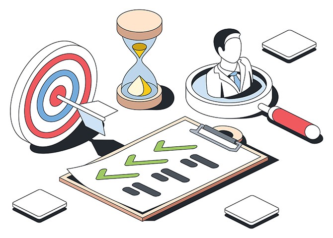 Illustration showing a hiring checklist, target with arrows, hourglass, and candidate symbolizing fast yet strategic hiring decisions.