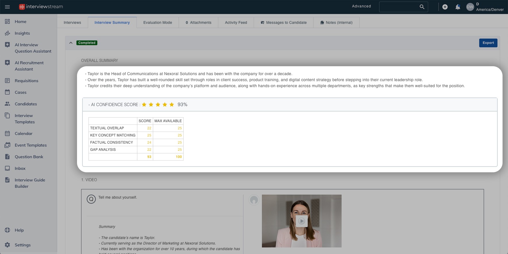 interviewstream’s AI-generated interview summary with Confidence Score metrics including textual overlap, key concept match, and gap analysis.