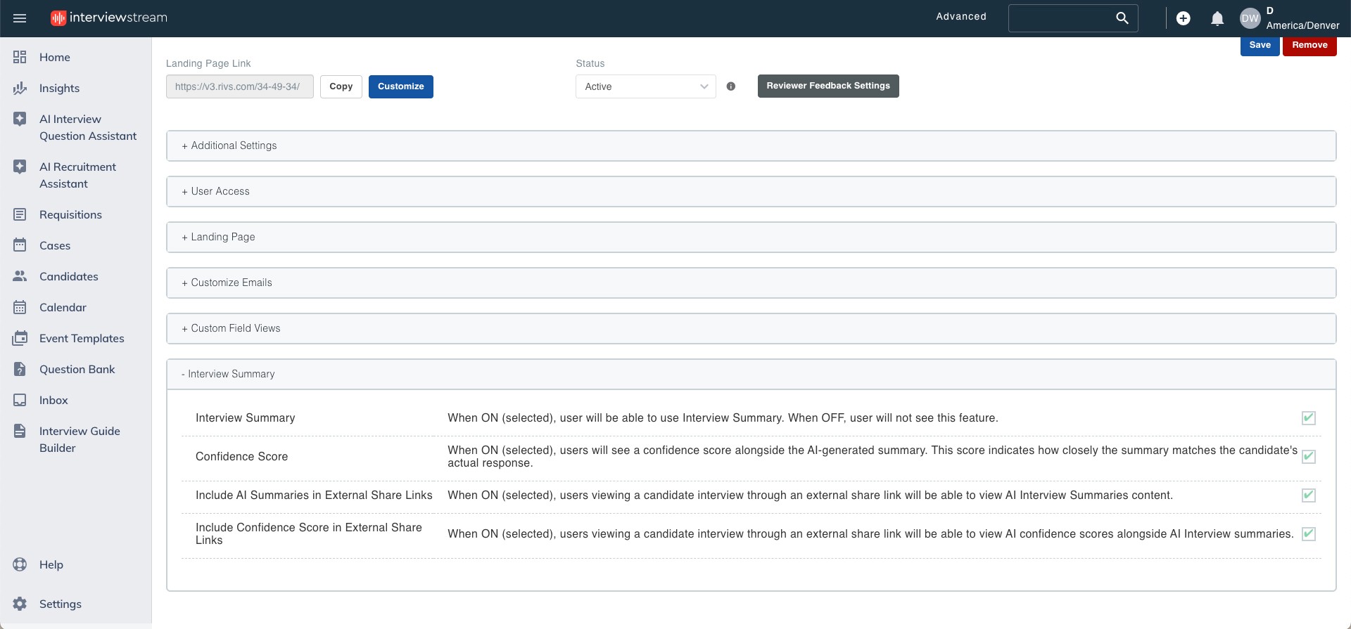 interviewstream’s permission level settings for AI tools, including requisition, question, confidence score, and sharing permissions.