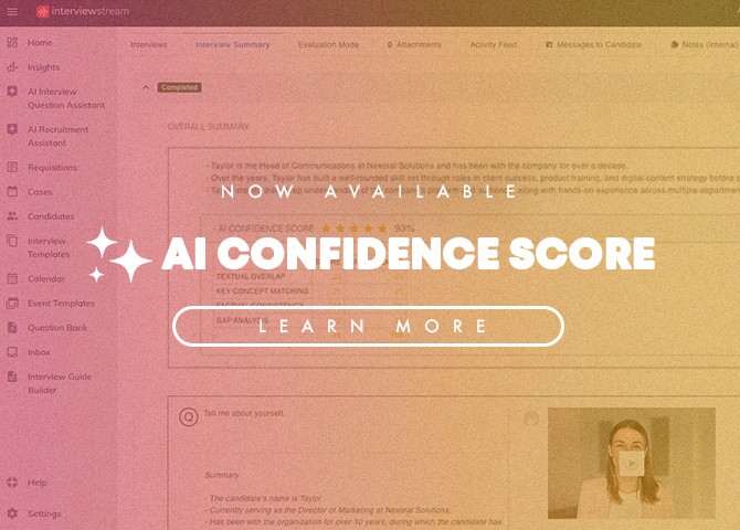 AI Confidence Score now available in interviewstream’s video interviewing platform, showing candidate summary with textual overlap, key concept matching, and gap analysis.