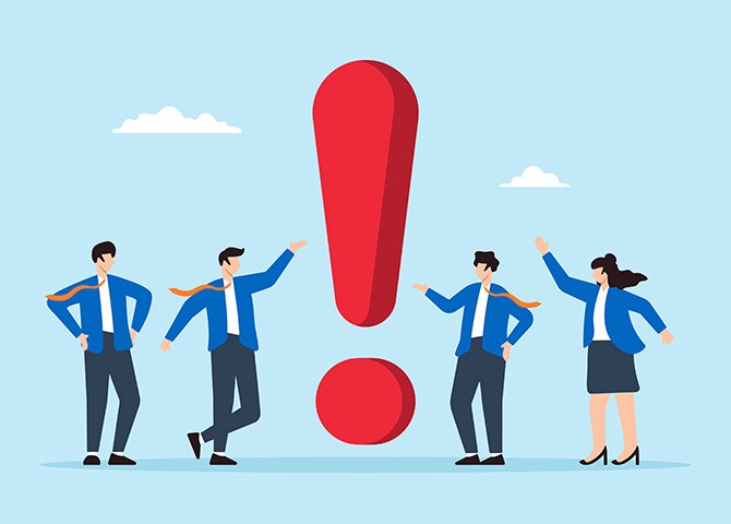 Illustration of business professionals highlighting a major hiring issue with a large red exclamation mark.