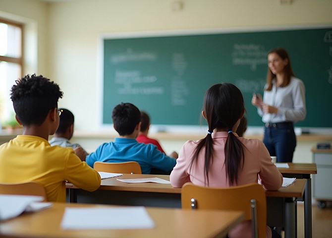 Elementary classroom with students listening to a teacher at the front of the room, illustrating the role of support staff in K-12 education.
