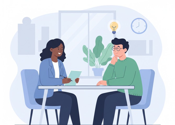 Hiring manager conducting a second-round interview, asking in-depth questions to evaluate candidate skills and cultural fit.