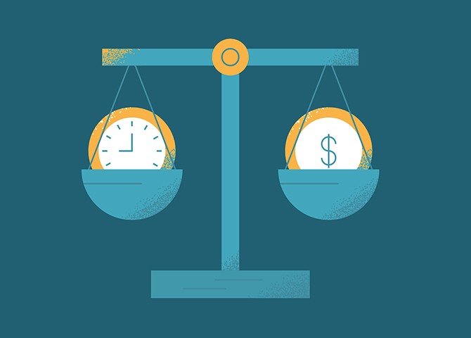 Scale balancing a clock and a dollar sign, symbolizing the cost of vacancy and importance of reducing time to fill in hiring.