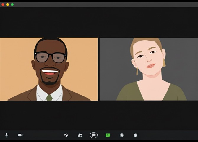 Illustration of a virtual video interview between two professionals on a video call platform.