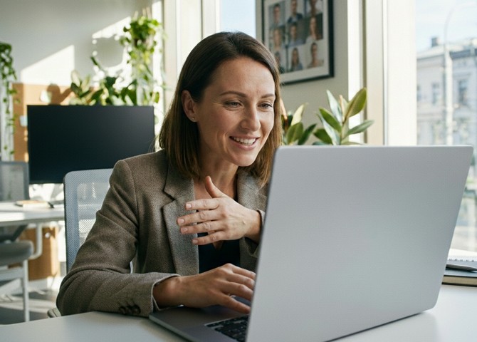 A recruiter conducts a video interview on a laptop in a modern office, demonstrating how hiring technology supports structured workflows without replacing human judgment.
