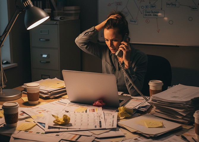Overwhelmed recruiter juggling interview scheduling, phone calls, and paperwork at a cluttered desk, illustrating hiring delays caused by manual interview scheduling coordination.