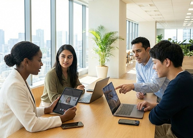 Team reviewing a candidate video interview on laptops and tablet in a modern office during a digital hiring meeting.