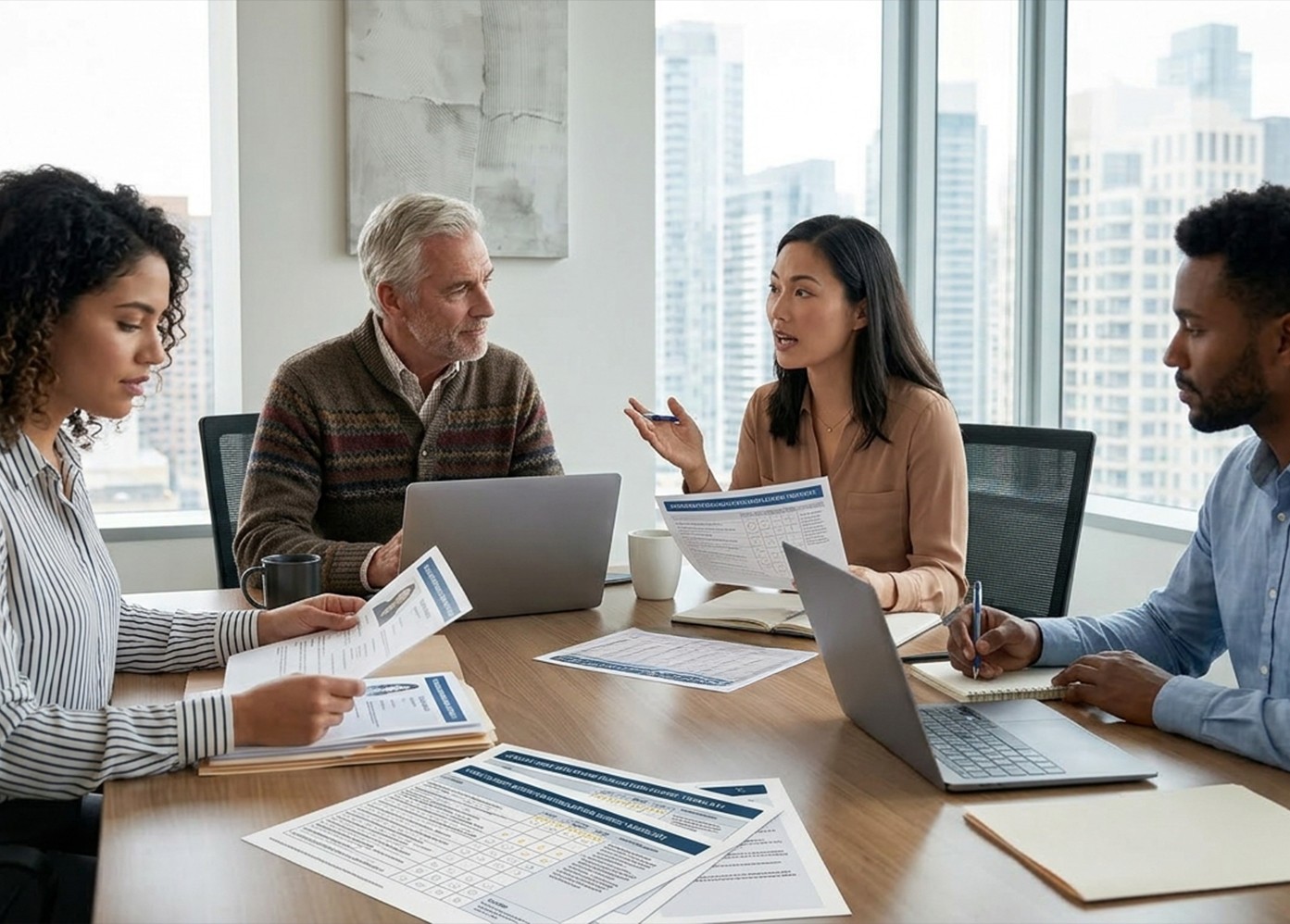 Hiring team using a structured interview evaluation rubric to score candidates consistently during a panel discussion