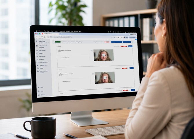 Recruiter reviewing video interview responses on a desktop screen using video interview software