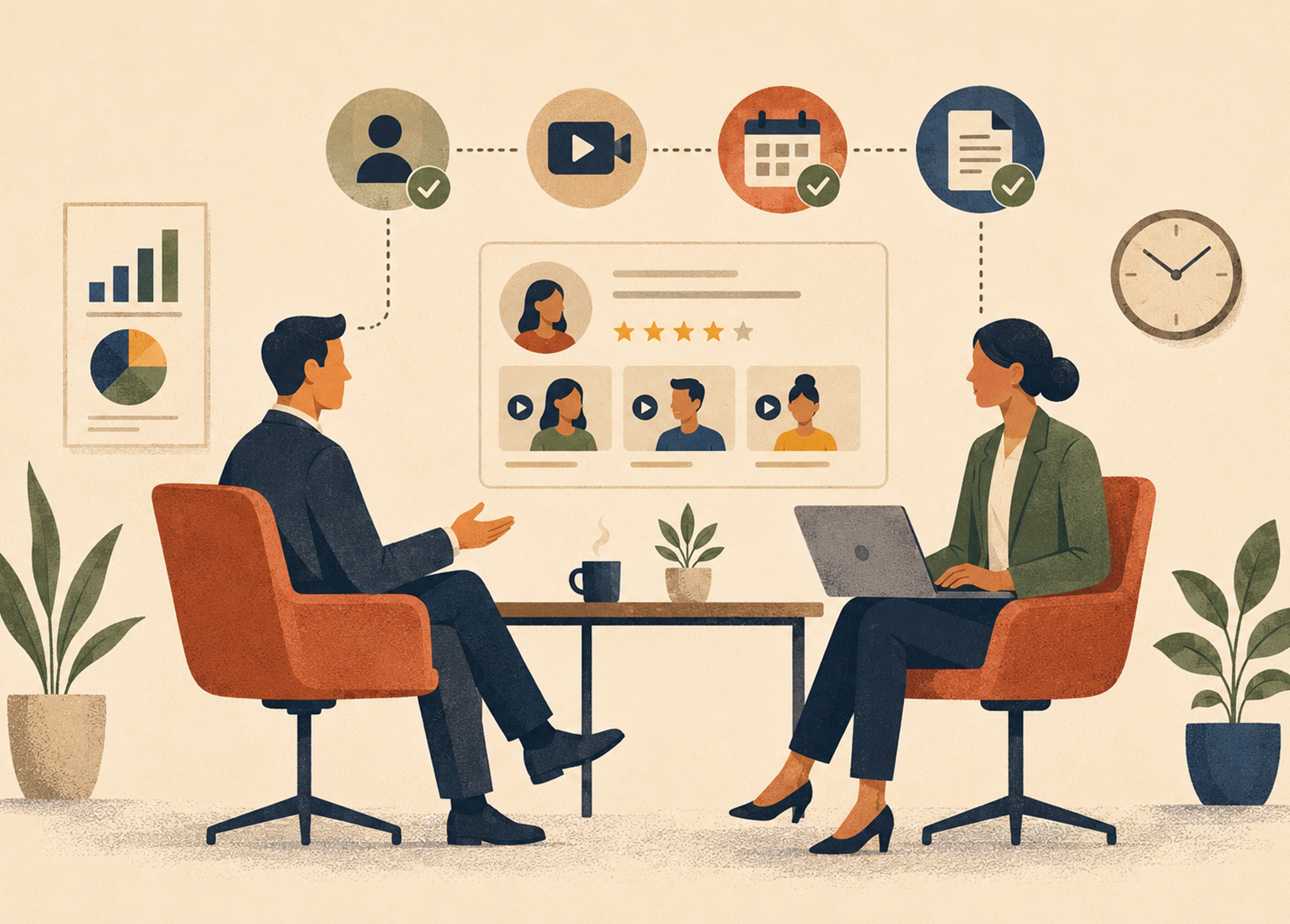 Recruiter using video interview software and automated interview scheduling tools to manage high-volume hiring with a lean talent acquisition team.